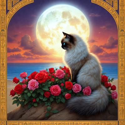 The primary subject of the image is a cat sitting on a rock with a beautiful backdrop of a moonlit night. The cat is surrounded by a field of red roses, which adds a touch of elegance and warmth to the scene. The visual style of the image is a combination of digital art and illustration, creating a captivating and artistic representation of the cat and the flowers. The colors and mood of the image are predominantly warm and serene, with the red roses and the moonlight creating a